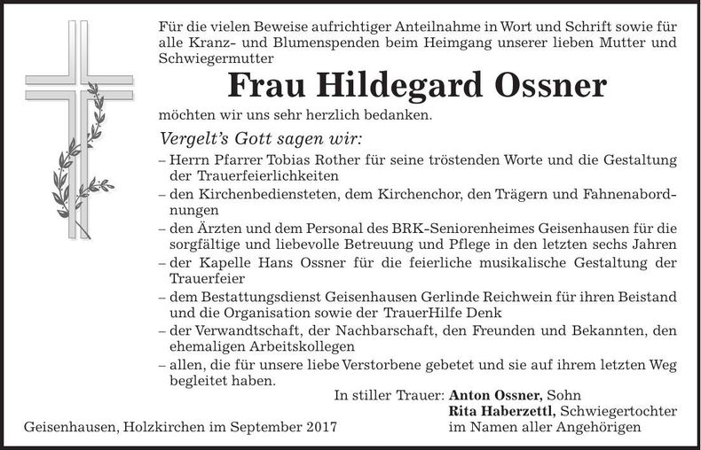 Traueranzeige Hildegard Ossner