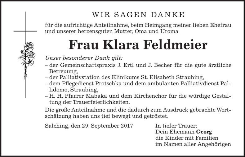 Traueranzeige Klara Feldmeier