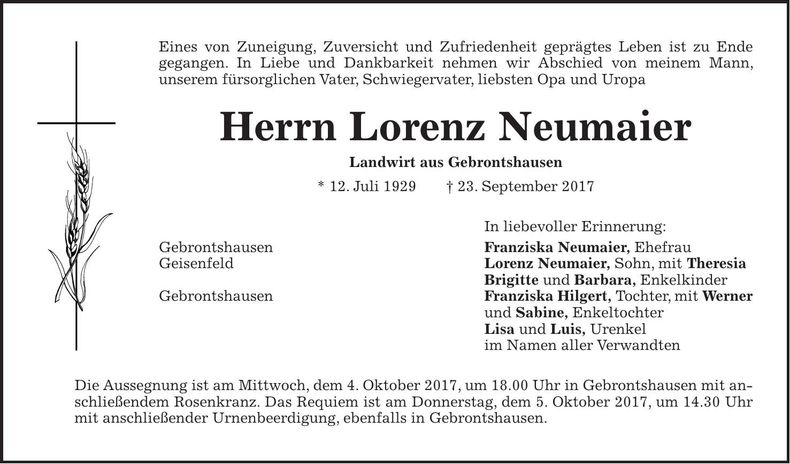 Traueranzeige Lorenz Neumaier