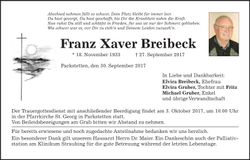 Traueranzeige Franz Xaver Breibeck