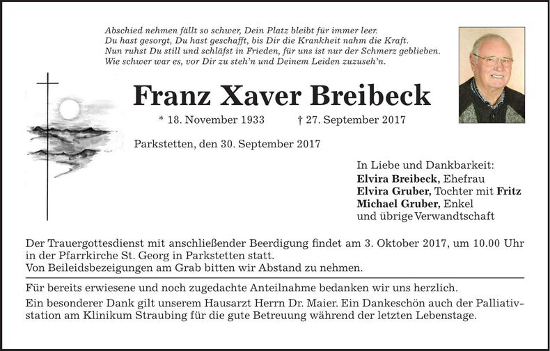Traueranzeige Franz Xaver Breibeck