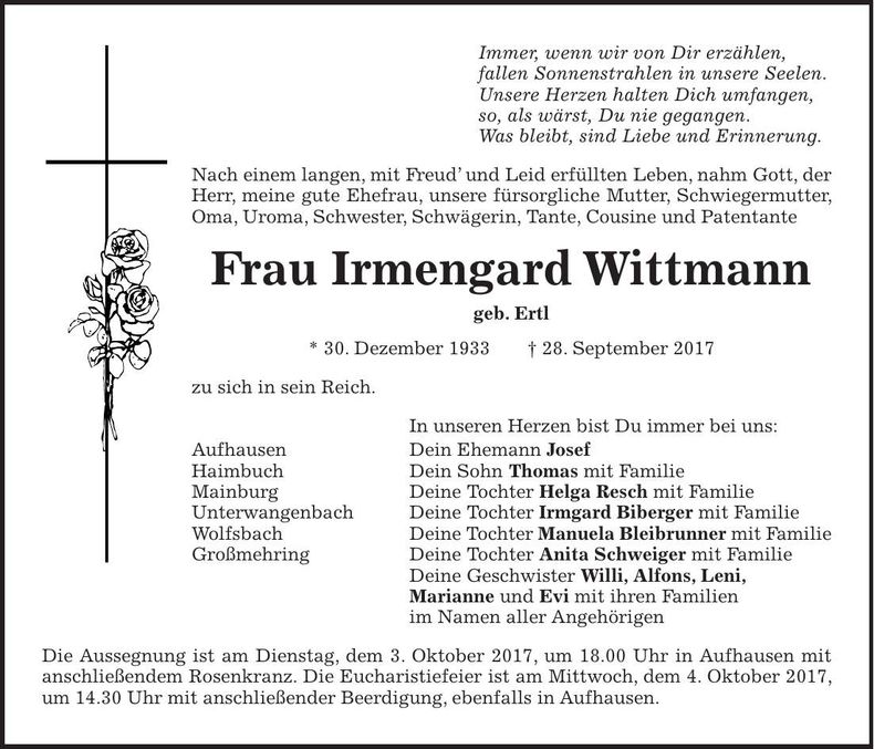Traueranzeige Irmengard Wittmann