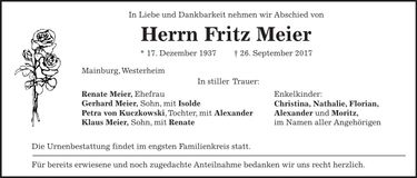 Traueranzeige Fritz Meier