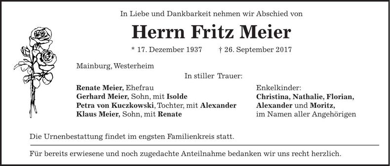 Traueranzeige Fritz Meier