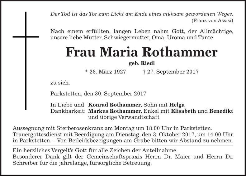 Traueranzeige Maria Rothammer