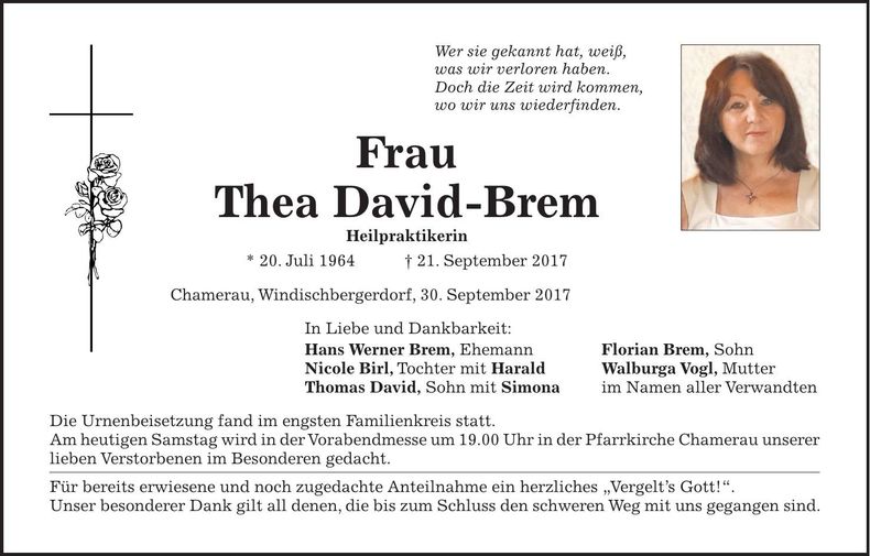 Traueranzeige Thea David-Brem