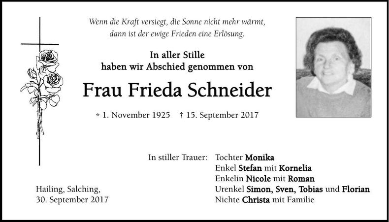 Traueranzeige Frieda Schneider