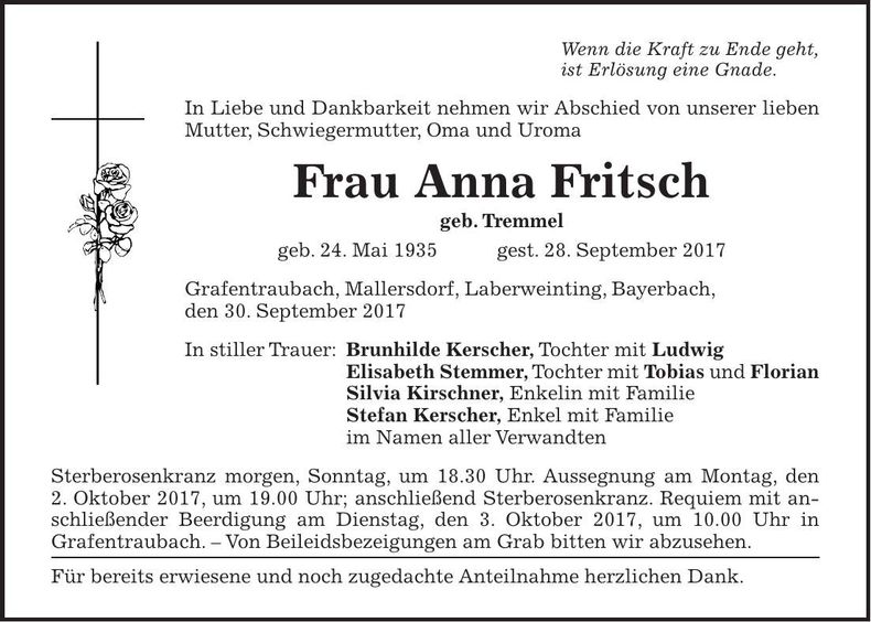 Traueranzeige Anna Fritsch