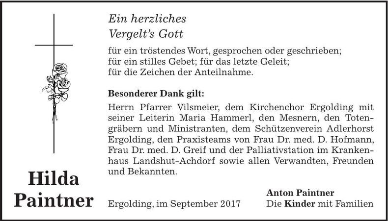 Traueranzeige Hilda Paintner