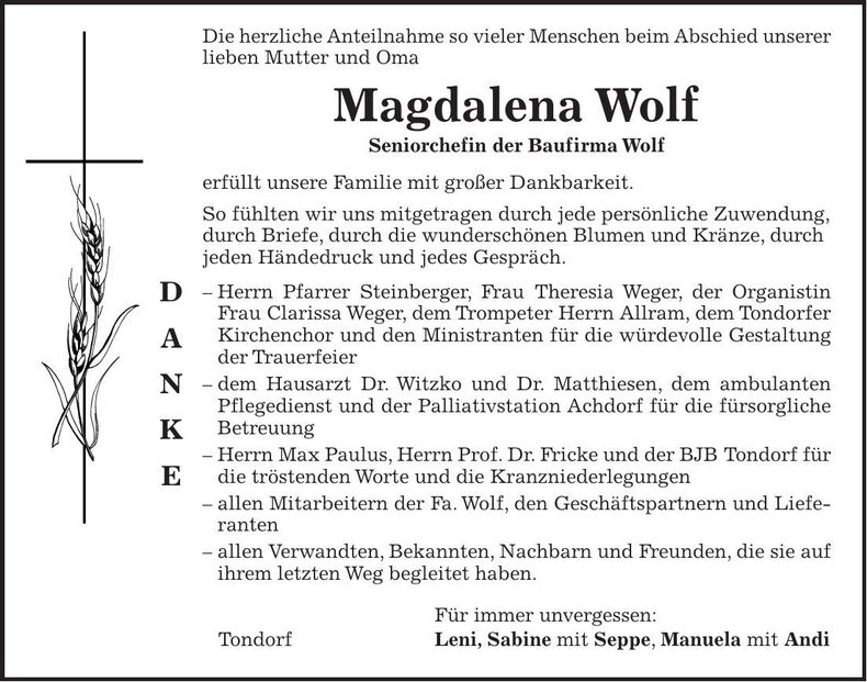 Traueranzeige Magdalena Wolf