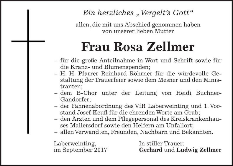 Traueranzeige Rosa Zellmer