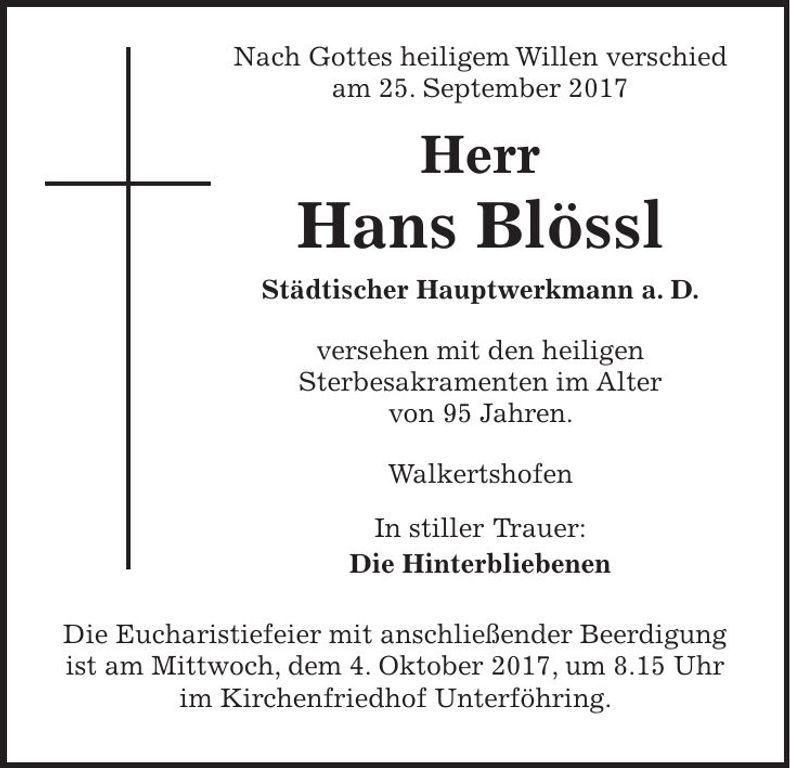 Traueranzeige Hans Blössl