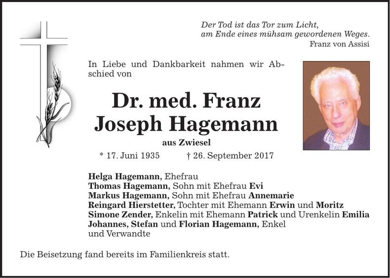 Traueranzeige Dr. med. Franz Joseph Hagemann