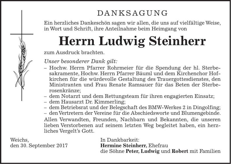 Traueranzeige Ludwig Steinherr