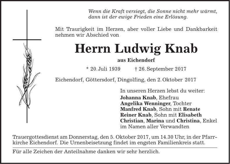 Traueranzeige Ludwig Knab