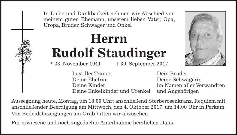 Traueranzeige Rudolf Staudinger