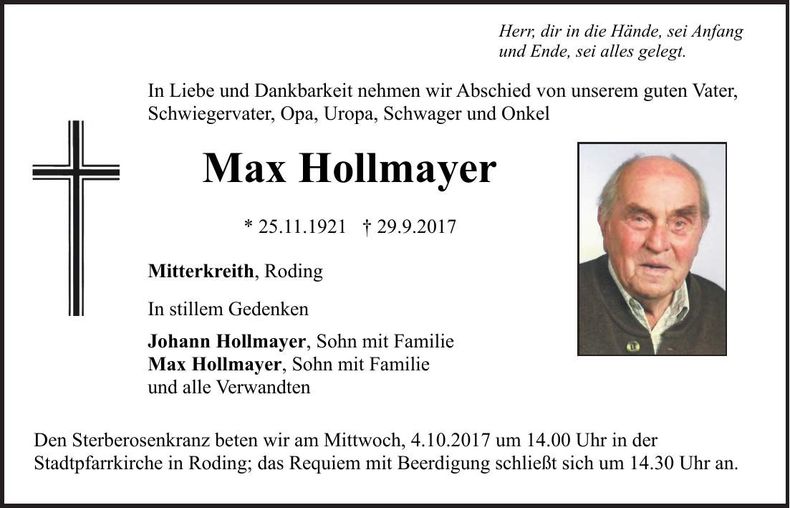 Traueranzeige Max Hollmayer