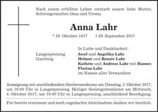 Traueranzeige Anna Lahr