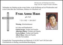 Traueranzeige Anna Haas
