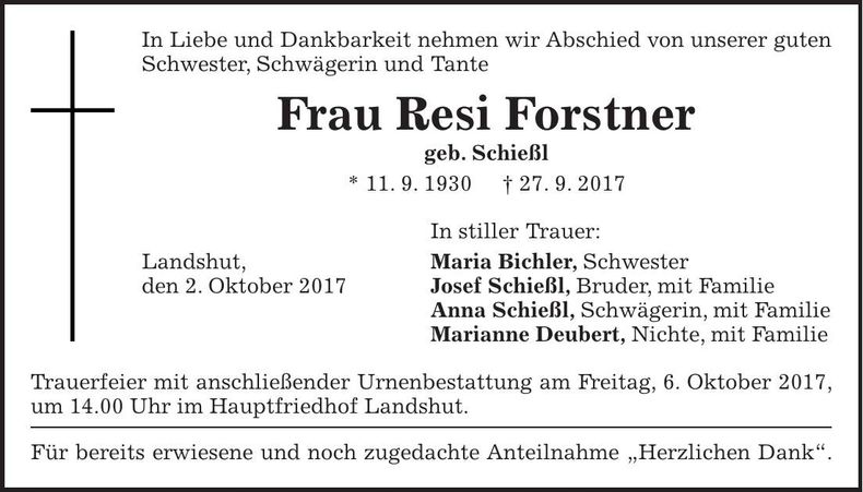 Traueranzeige Resi Forstner
