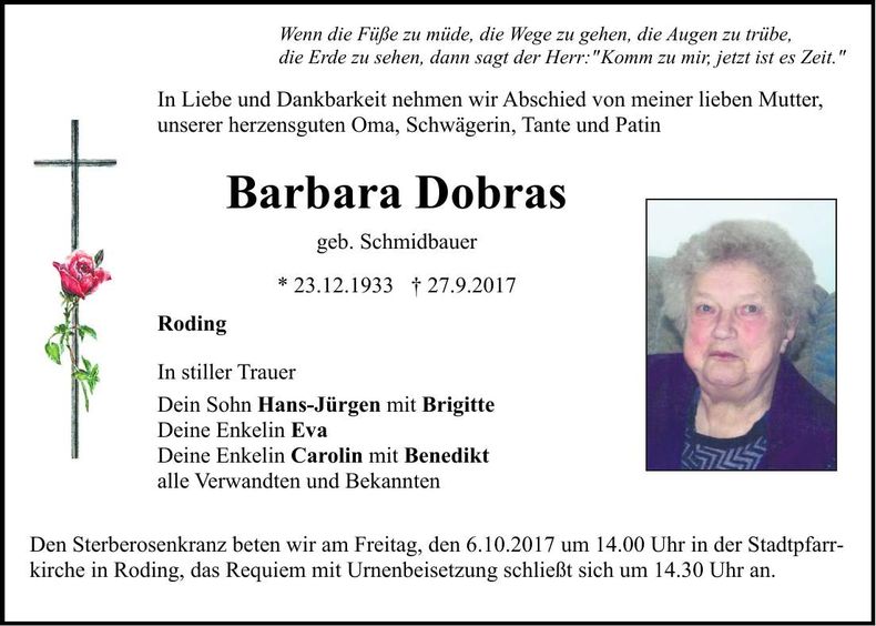 Traueranzeige Barbara Dobras