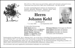 Traueranzeige Johann Kehl