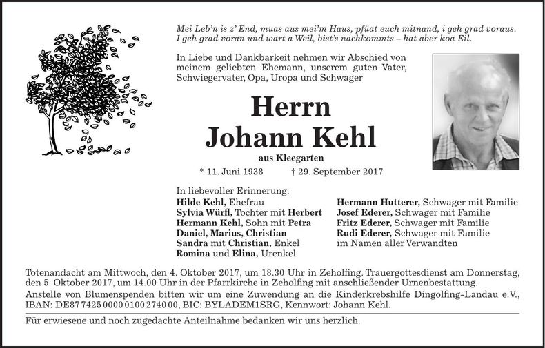 Traueranzeige Johann Kehl