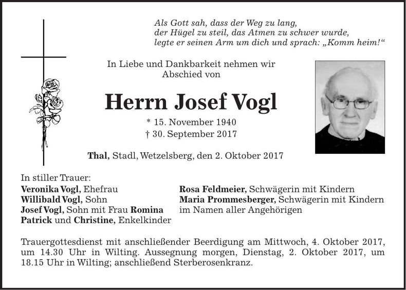 Traueranzeige Josef Vogl