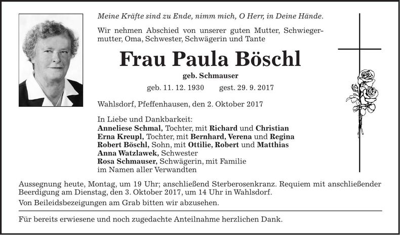 Traueranzeige Paula Böschl