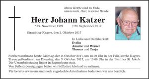 Traueranzeige Johann Katzer