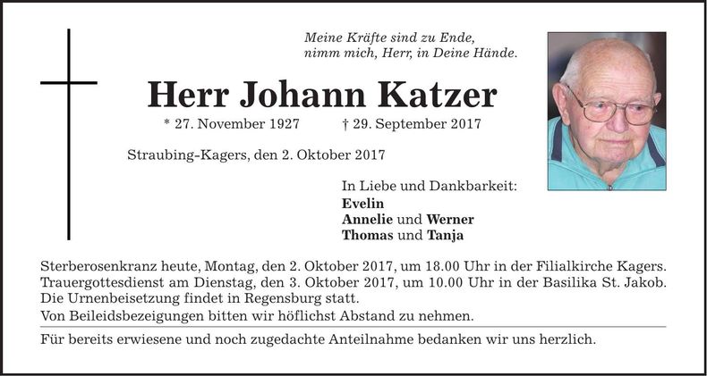 Traueranzeige Johann Katzer