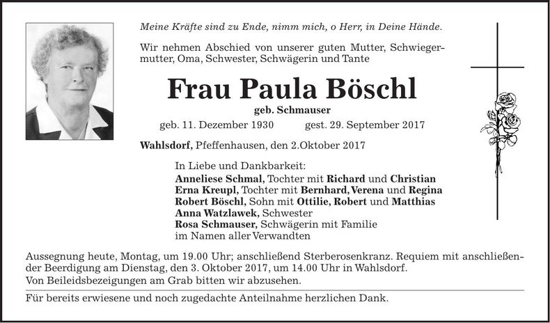 Traueranzeige Paula Böschl