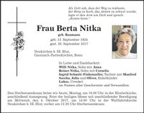 Traueranzeige Berta Nitka