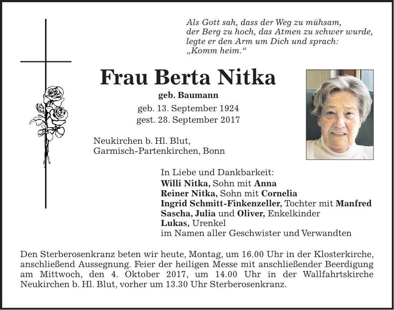 Traueranzeige Berta Nitka