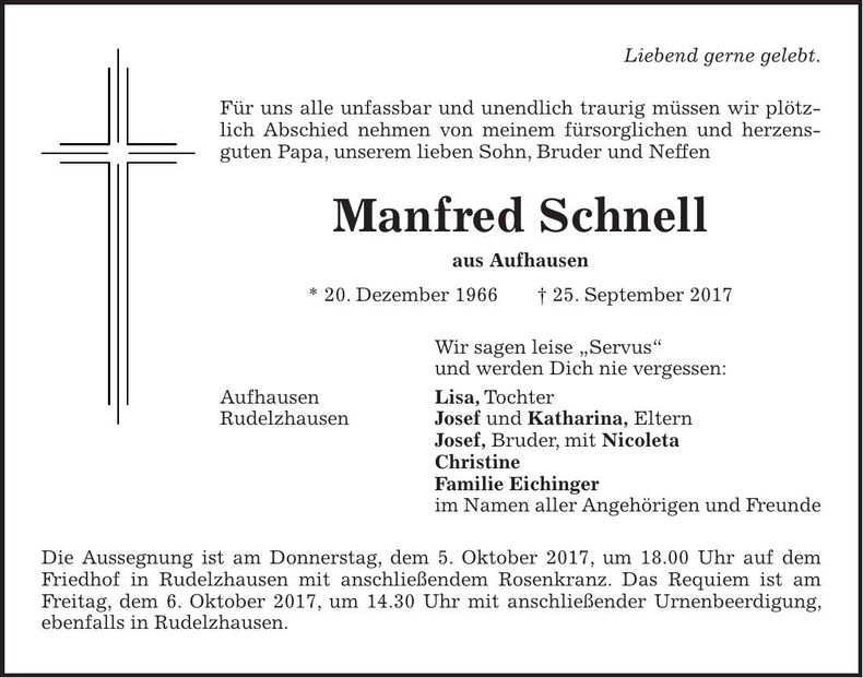 Traueranzeige Manfred Schnell