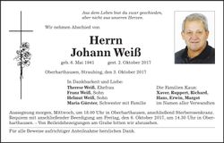 Traueranzeige Johann Weiß