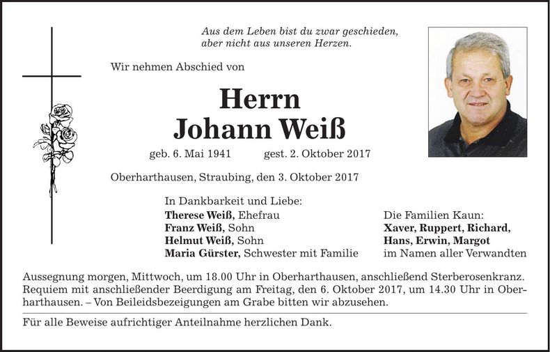 Traueranzeige Johann Weiß