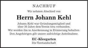 Traueranzeige Johann Kehl
