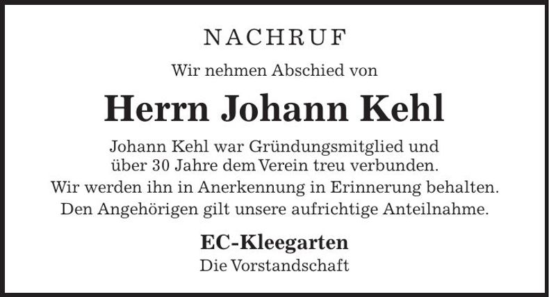 Traueranzeige Johann Kehl