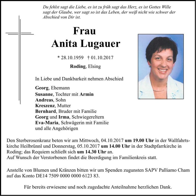 Traueranzeige Anita Lugauer