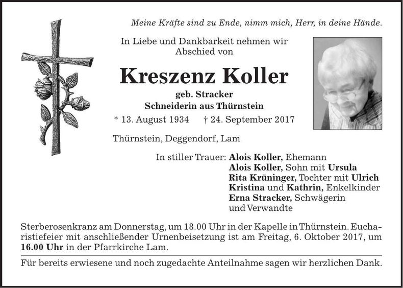 Traueranzeige Kreszenz Koller