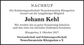 Traueranzeige Johann Kehl