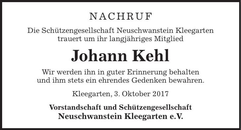 Traueranzeige Johann Kehl