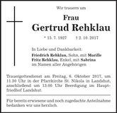 Traueranzeige Gertrud Rehklau