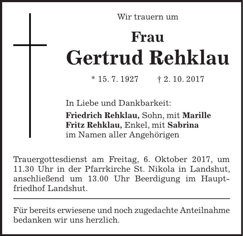 Traueranzeige Gertrud Rehklau