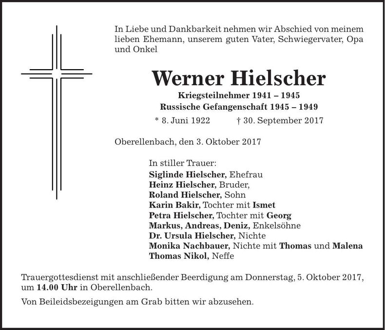 Traueranzeige Werner Hielscher