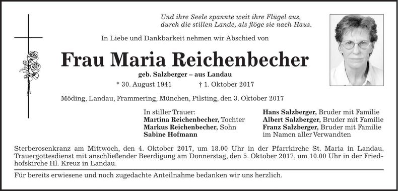 Traueranzeige Maria Reichenbecher