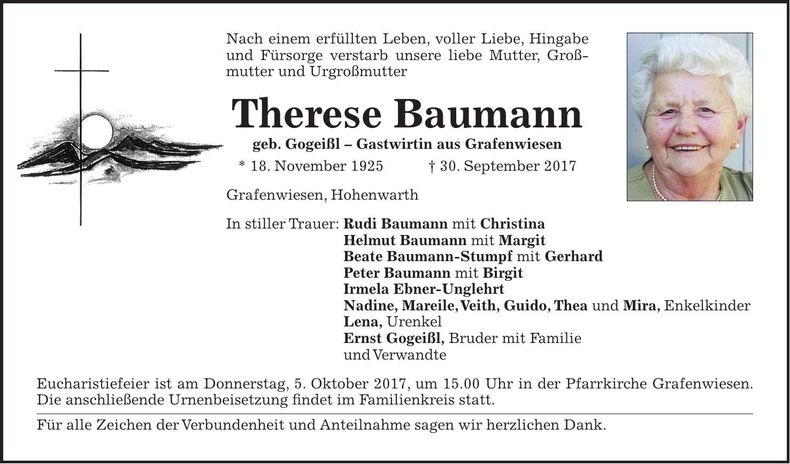 Traueranzeige Therese Baumann