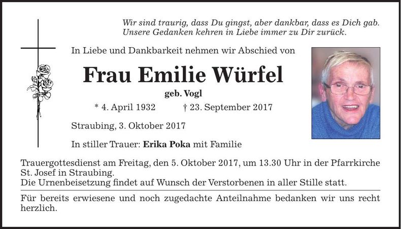 Traueranzeige Emilie Würfel