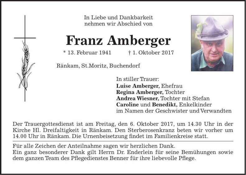 Traueranzeige Franz Amberger